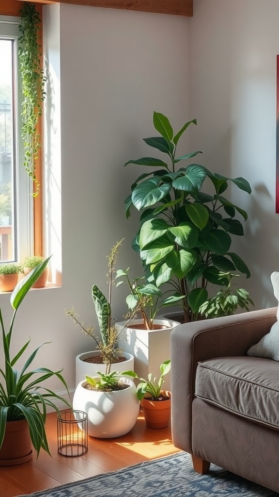 A cozy corner in a dorm living room featuring various plants in simple pots, with natural light coming through the window.