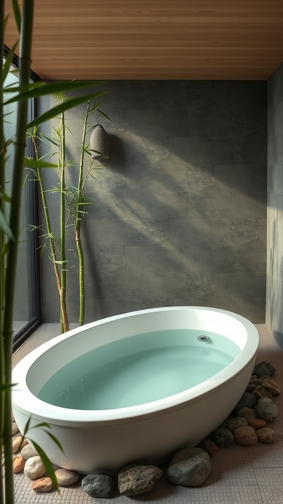 A minimalist Japanese bathroom featuring an oval bathtub surrounded by stones and bamboo.