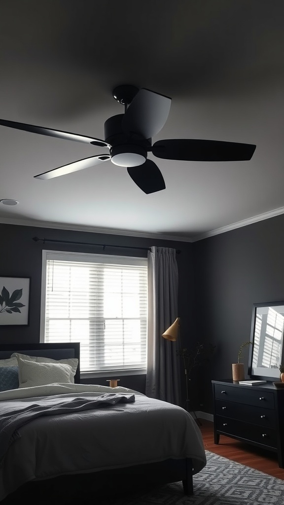 Modern black ceiling fan in a stylish bedroom with dark walls and contemporary decor.