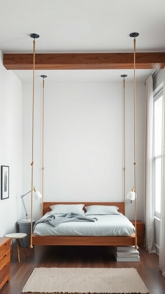 A modern loft bed suspended from the ceiling with a wooden frame and soft bedding.