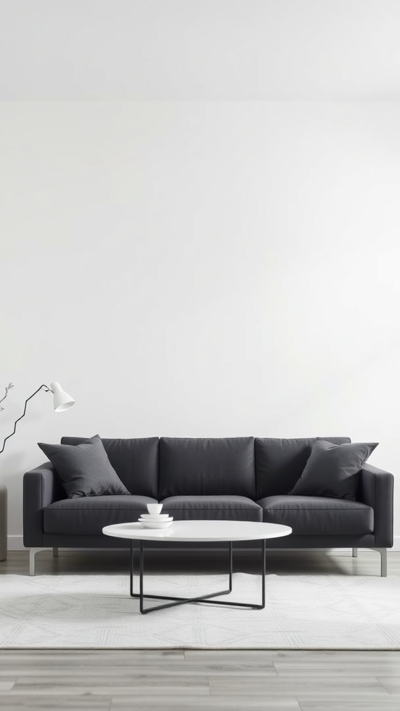 A modern minimalist living room featuring a dark gray couch, round coffee table, and soft rug.