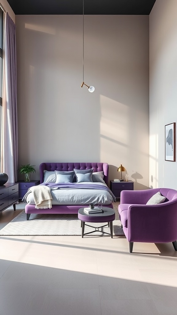 Modern purple bedroom featuring a plush purple bed, matching chair, and stylish side table.