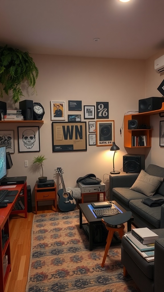 A cozy dorm living room featuring modern tech setup with a TV, laptop, speakers, guitar and decorative wall art.