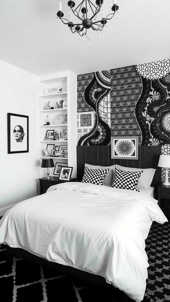 A stylish bedroom featuring monochrome black and white decor with patterned wallpaper, a white bedspread, and black and white accents.