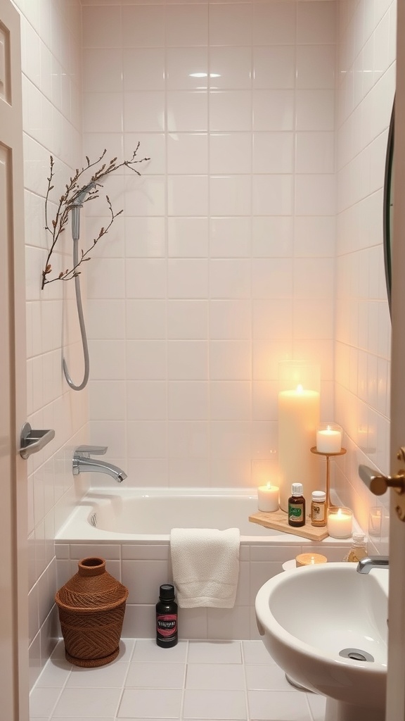 A small, moody bathroom featuring candles, essential oils, and a calming atmosphere.