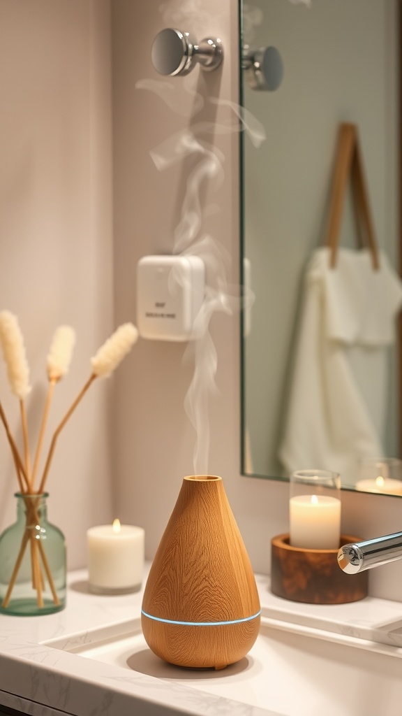 A warm bathroom featuring a wooden diffuser emitting mist, candles, and soft decor.