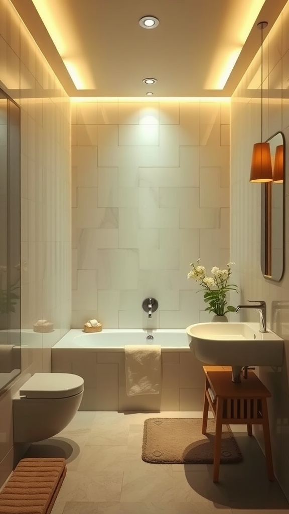 A modern Japanese bathroom featuring soft mood lighting with recessed lights and a pendant lamp.