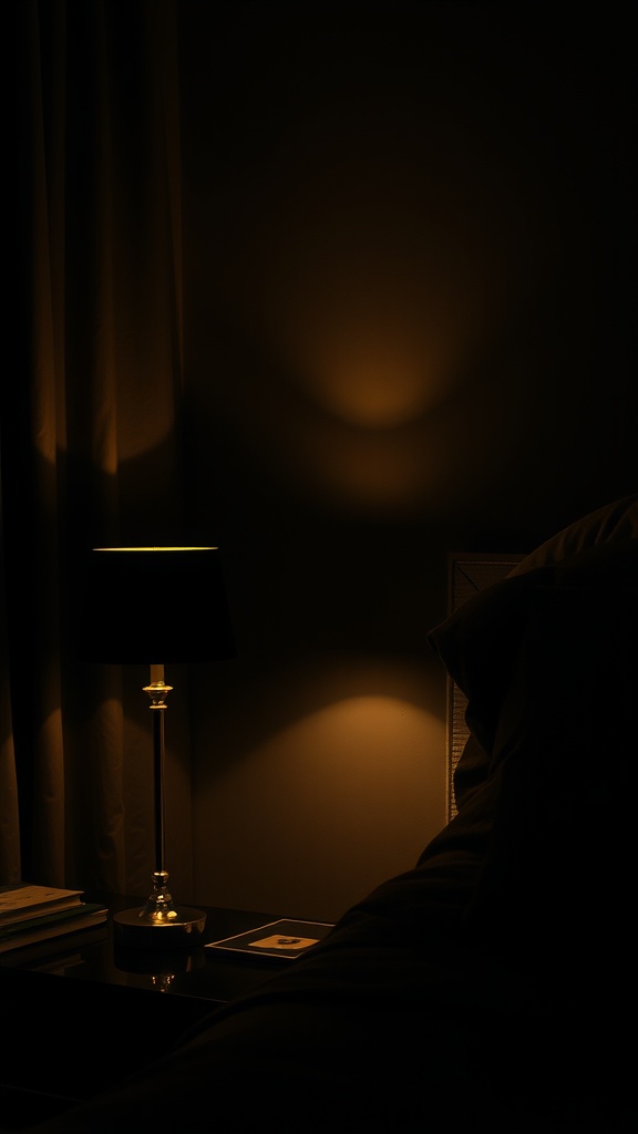 Cozy black lamp casting warm light in a dark bedroom setting.