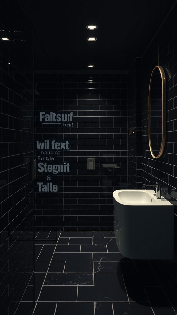 A modern bathroom featuring dark black tiles on the walls and floor, complemented by a white bathtub and soft recessed lighting.