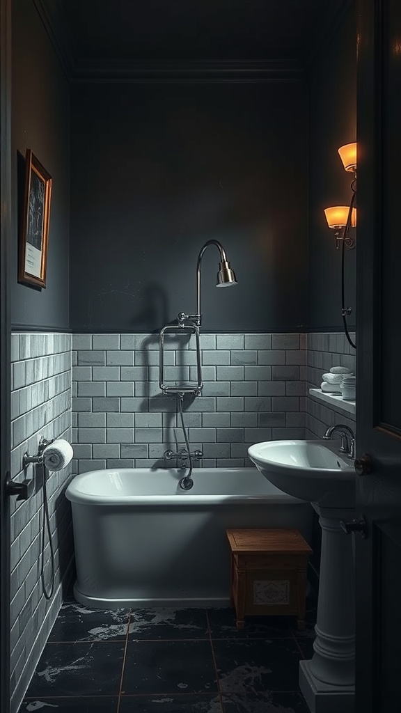 A dark, moody bathroom featuring deep gray walls, a white bathtub, and soft lighting.