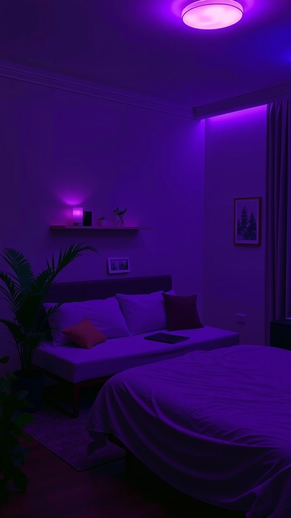 A moody purple-themed bedroom with soft lighting and plants.