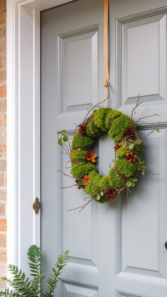 A moss and branch wreath hanging on a gray front door