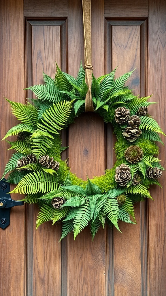 A beautifully crafted moss and fern wreath with pinecones, hanging on a wooden door.