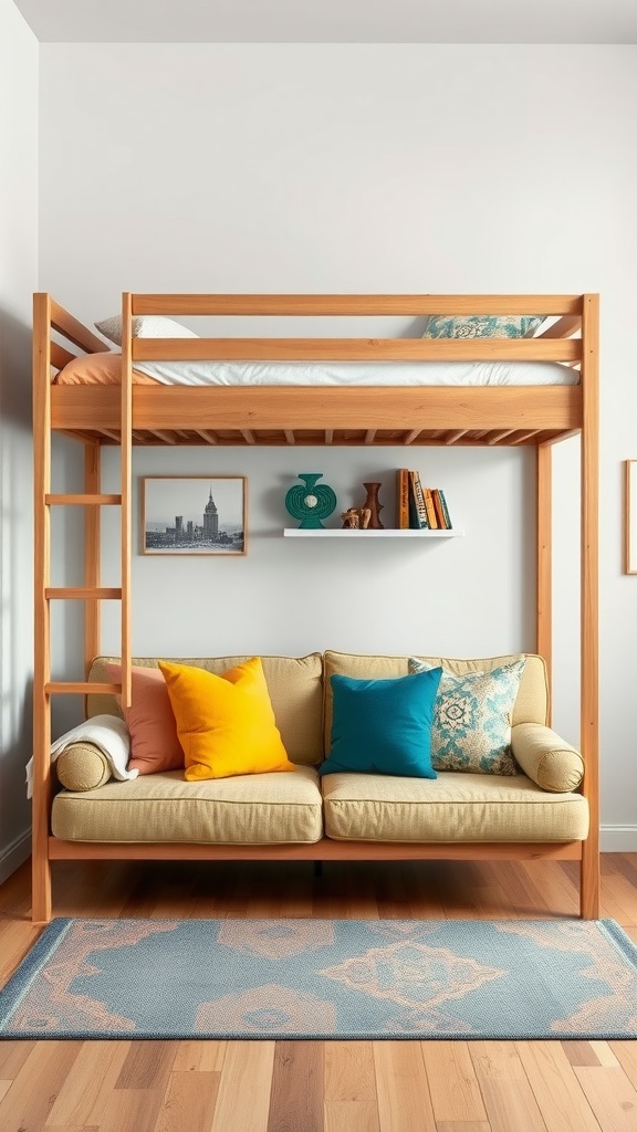 A multi-functional loft bed featuring a cozy sleeping area above and a comfortable sofa below, adorned with colorful pillows.