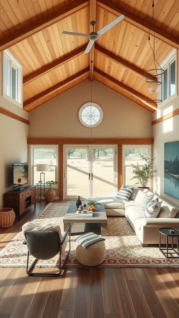 A spacious ranch-style living room featuring a cozy couch, coffee table, and large windows with natural light.