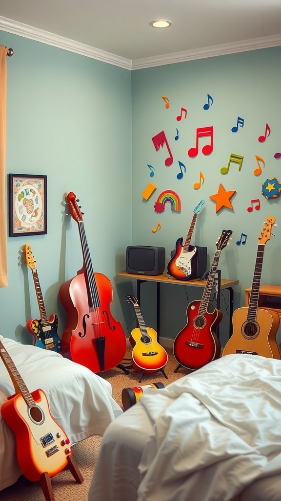 A colorful music corner featuring various musical instruments against a soft green wall.