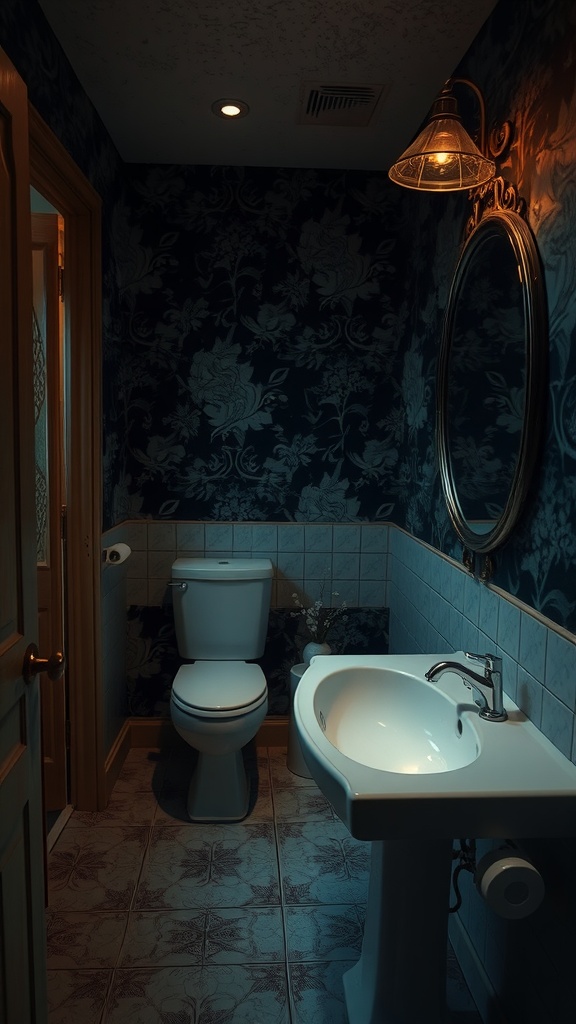 A dark wallpaper bathroom featuring floral patterns, a white sink, and a toilet.