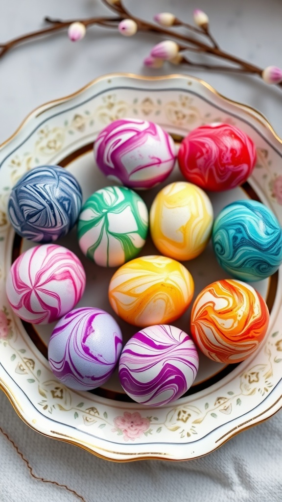 A plate of colorful marbled eggs in various shades of pink, blue, green, and yellow, surrounded by a delicate floral border.