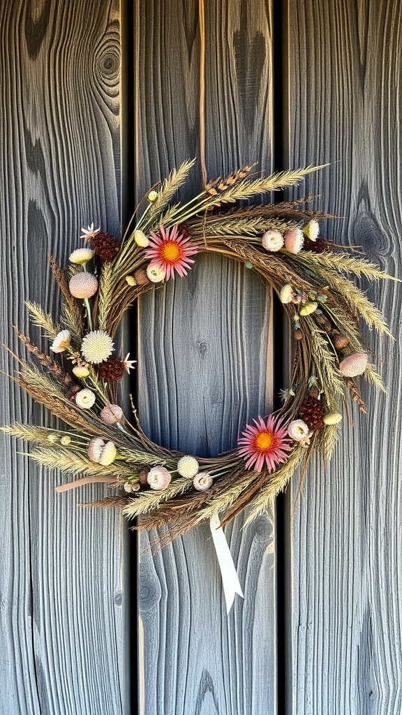 A natural dried flower wreath hanging on a wooden wall with colorful dried flowers and grasses.