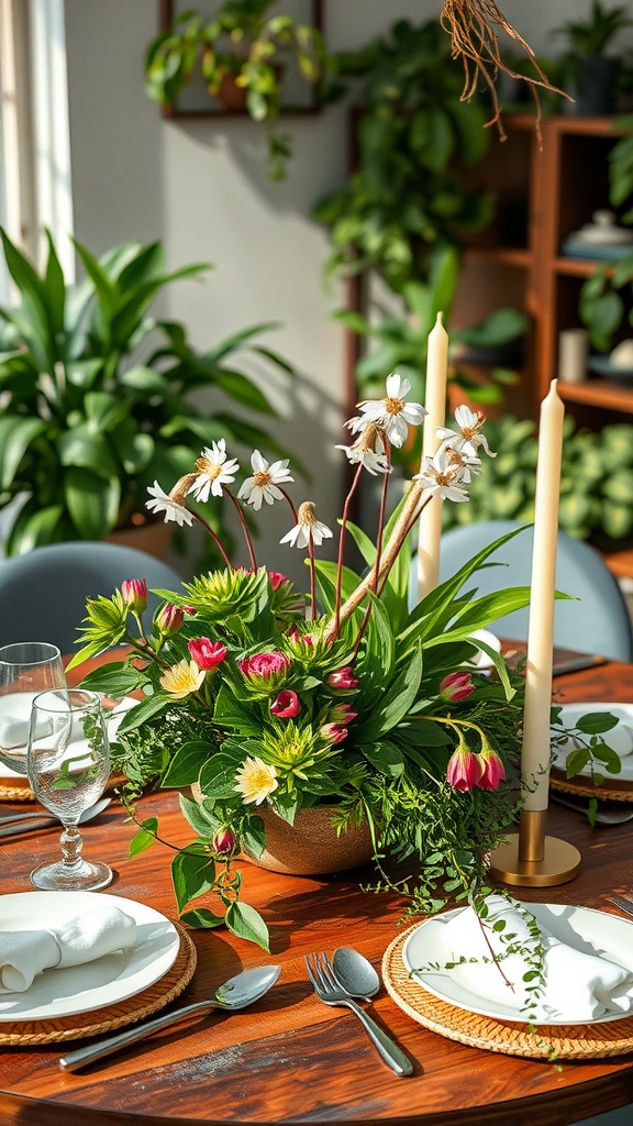 A spring dinner table set with a floral centerpiece, candles, and simple tableware.