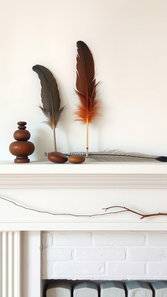 A mantel featuring decorative feathers and wooden objects on a white background.