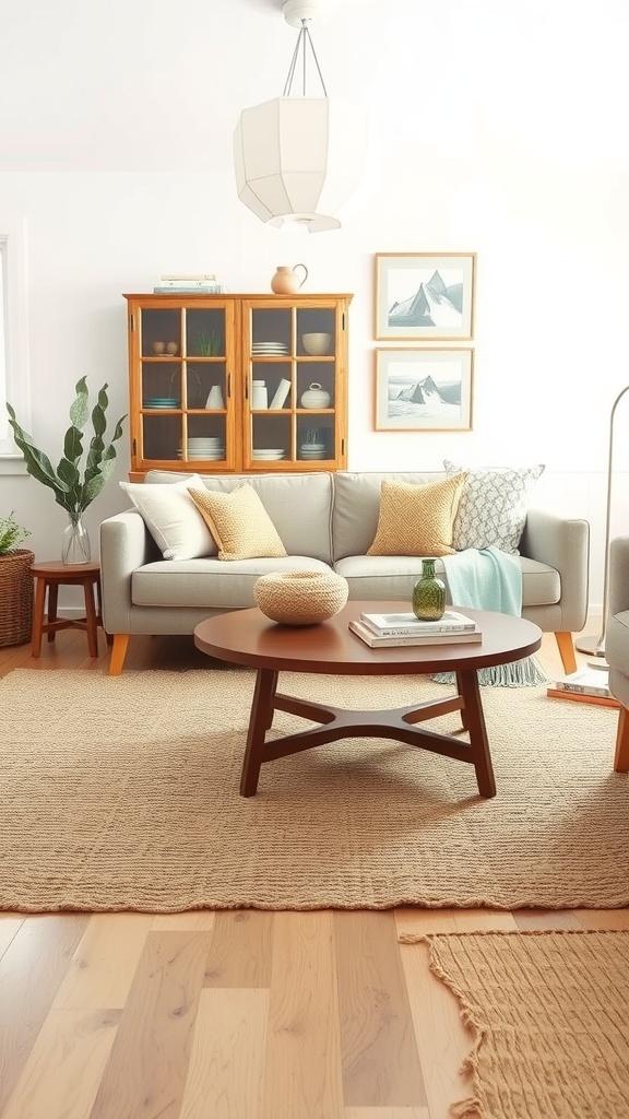 A cozy living room featuring a natural fiber rug, gray sofa, and wooden coffee table.