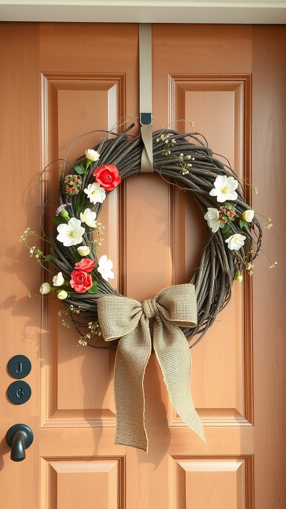 A natural grapevine wreath decorated with red roses, white flowers, and a burlap bow, hanging on a wooden door.