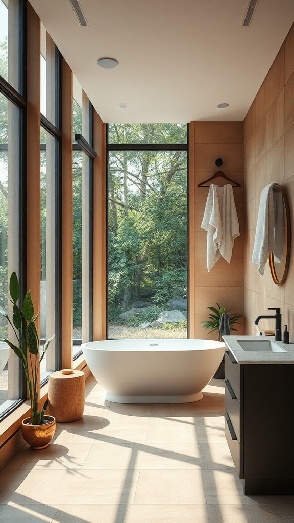 A modern bathroom with large windows letting in natural light, featuring a freestanding tub and plants.