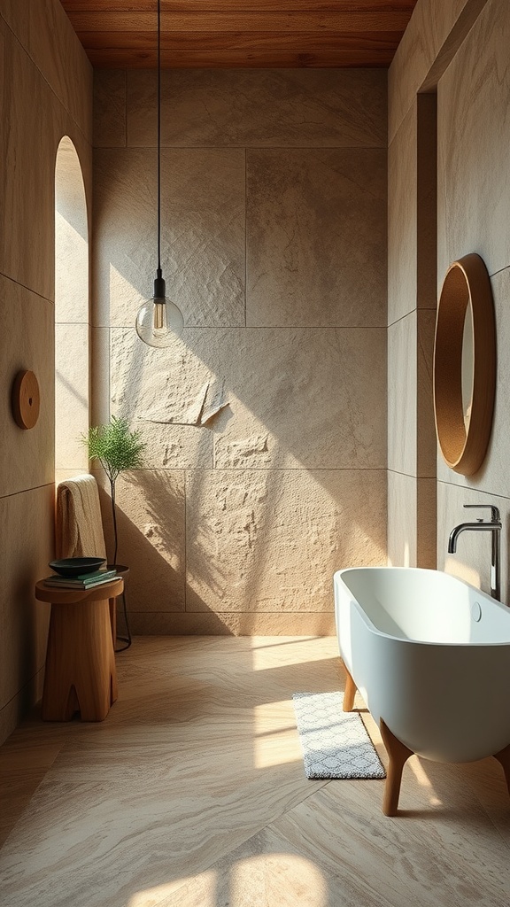 A serene bathroom featuring natural stone walls, a modern bathtub, and warm wooden accents.