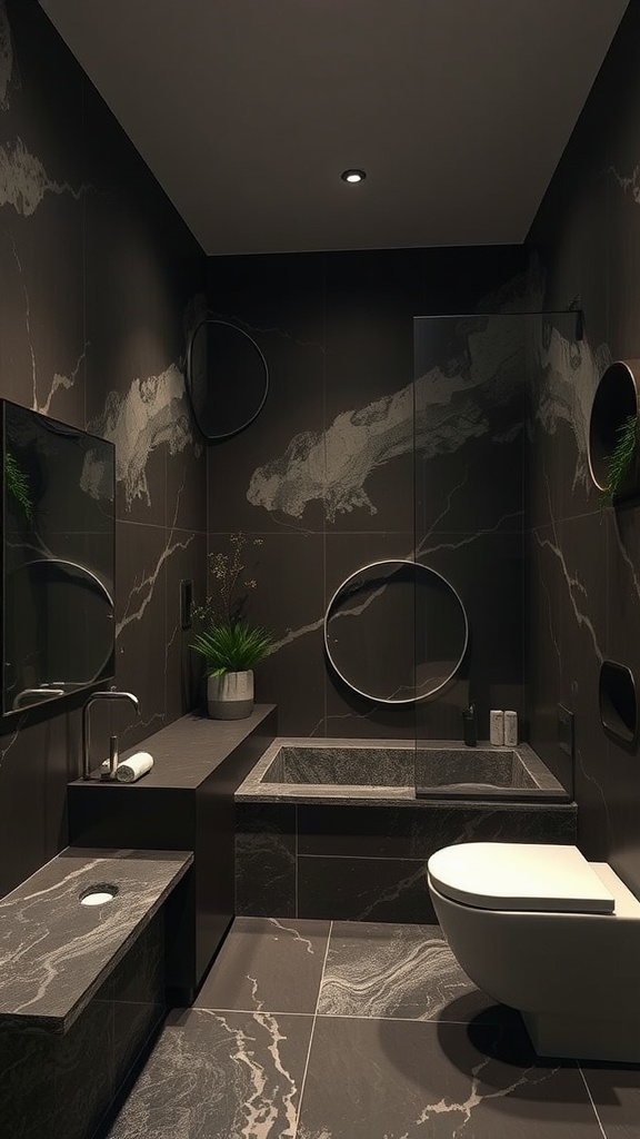 A modern dark bathroom featuring natural stone textures and minimalist design elements.