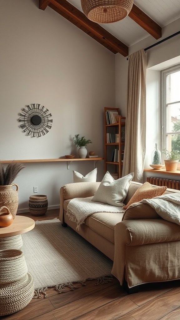 A cozy modern boho living room with natural textiles and warm tones.