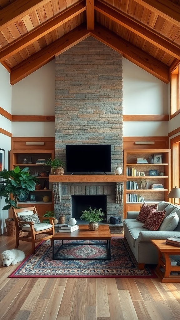 Cozy living room with wooden accents, featuring a stone fireplace, wooden shelves, and plants.