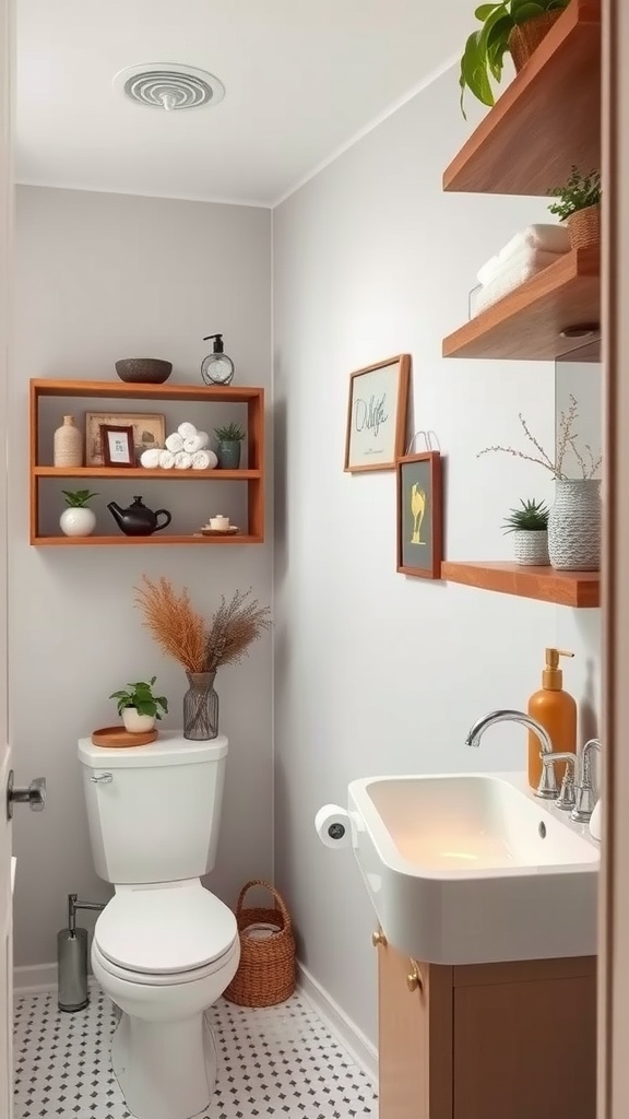 A warm bathroom featuring natural wood accents, including shelves and cabinetry, with plants and decorative items.