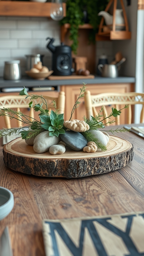 A rustic centerpiece made of stones and greenery on a wooden base.