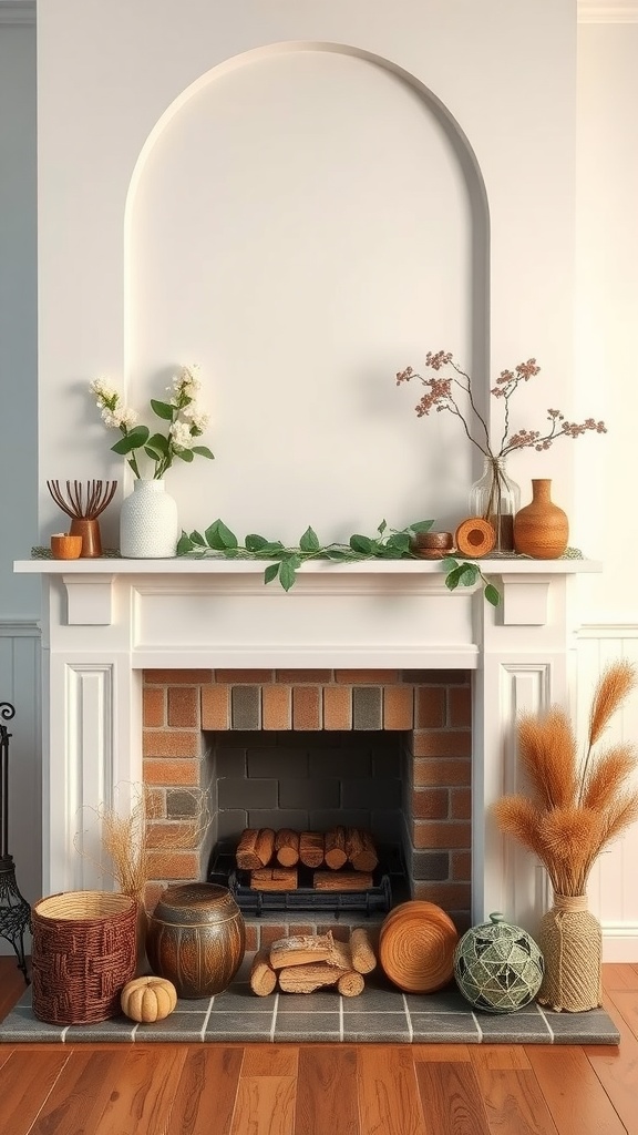 A spring fireplace decorated with natural wood elements and greenery.