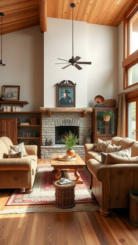 A cozy ranch-style living room with natural wood furniture, featuring a coffee table, sofas, and warm lighting.