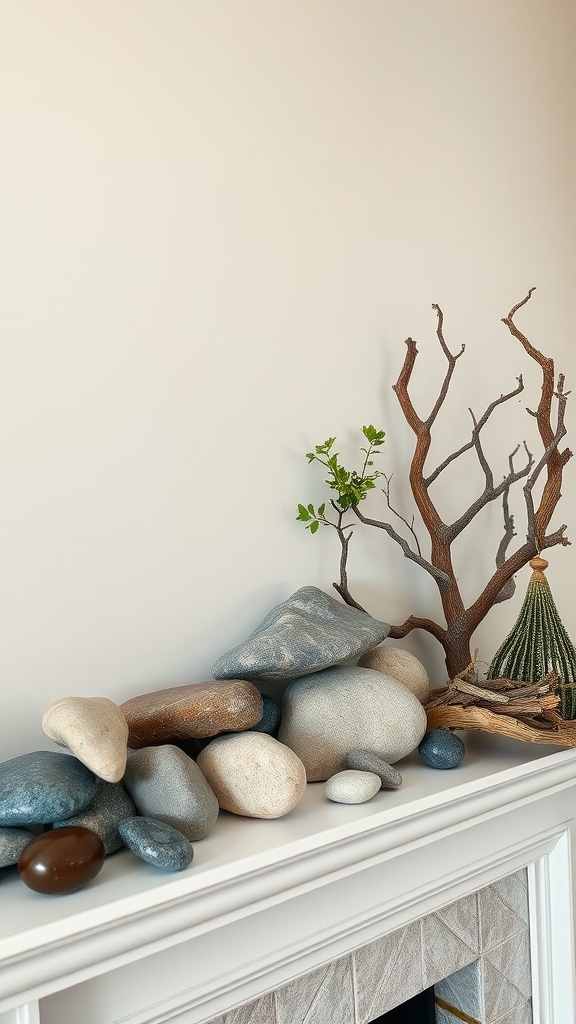 Decorative mantle featuring smooth stones and bare branches with green leaves