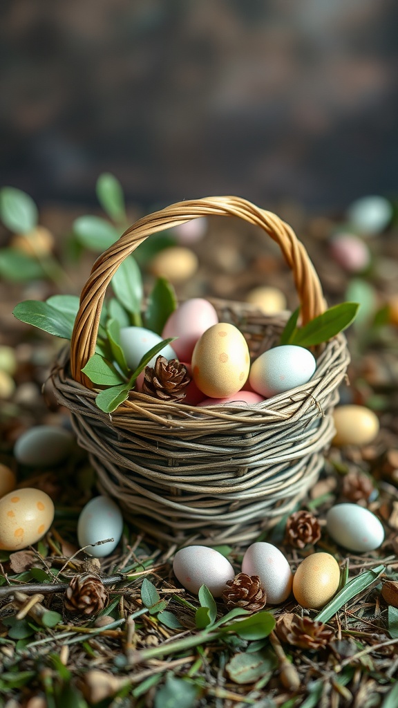 A nature-inspired Easter basket filled with pastel-colored eggs, greenery, and pine cones.