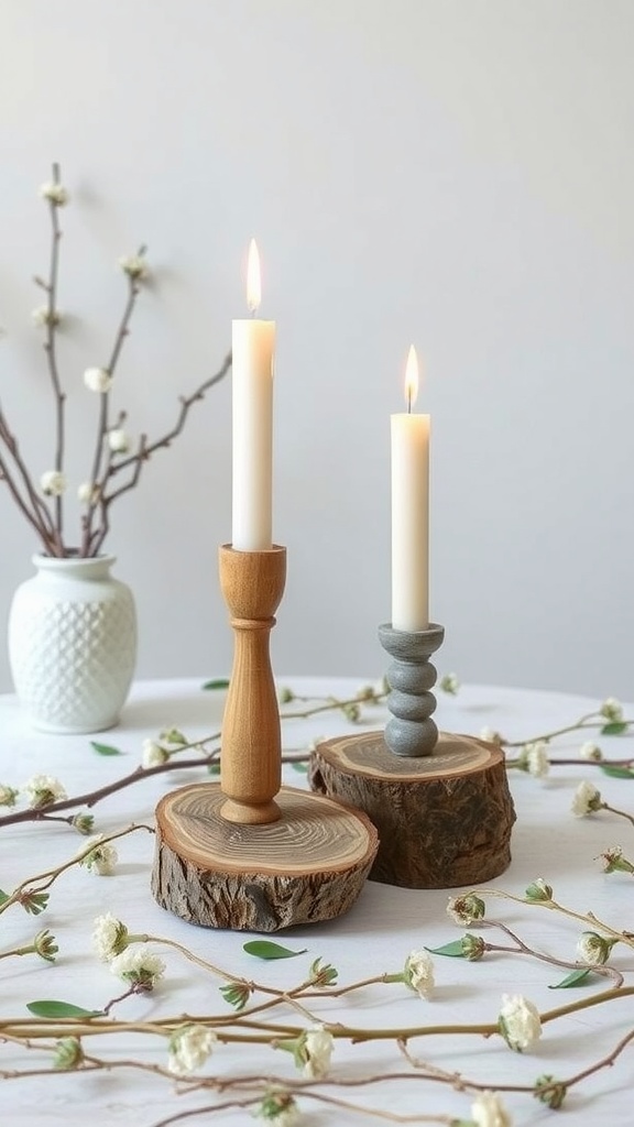 Nature-inspired candle holders with candles, surrounded by floral decor on a table.