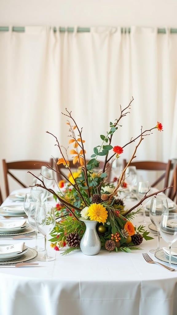 A beautifully arranged nature-inspired centerpiece featuring yellow flowers, greenery, and twigs in a metallic vase.