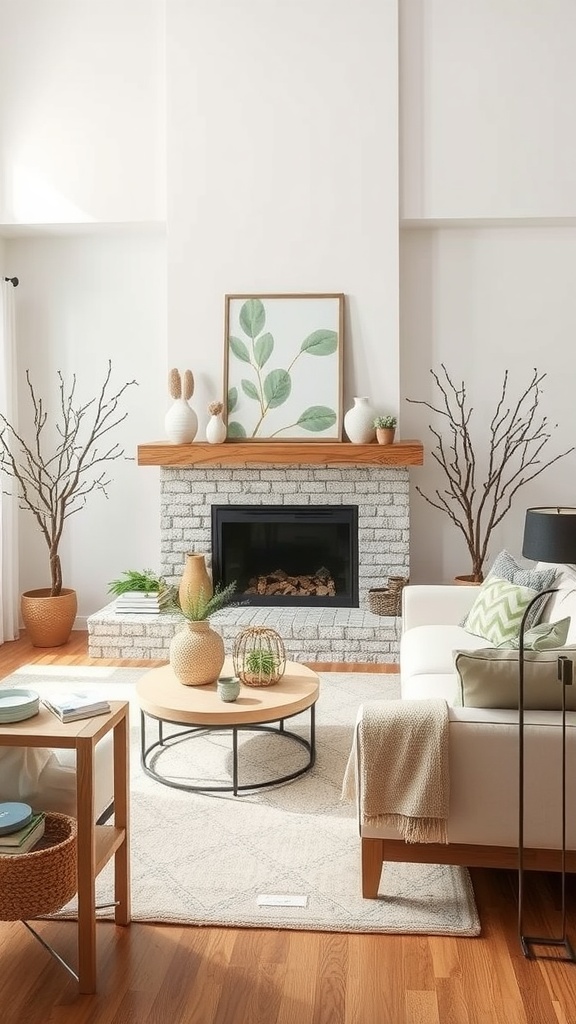 A cozy living room decorated with nature-inspired elements, featuring a fireplace, plants, and a light color palette.