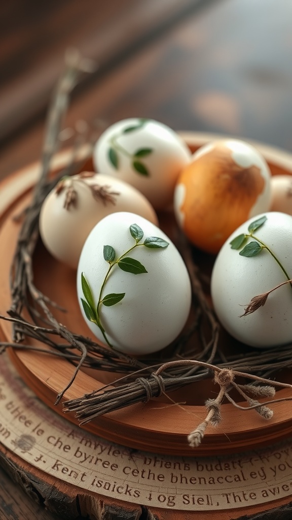 A collection of decorated eggs with leaves, arranged on a wooden platter with twigs.