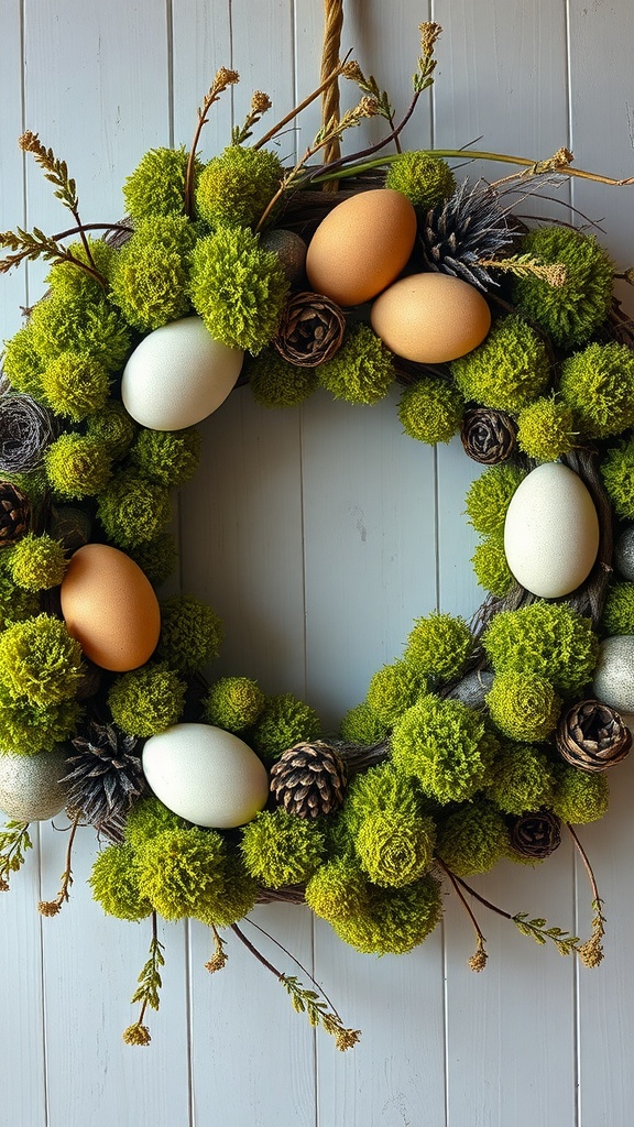 A nature-inspired wreath featuring moss, eggs, and pinecones