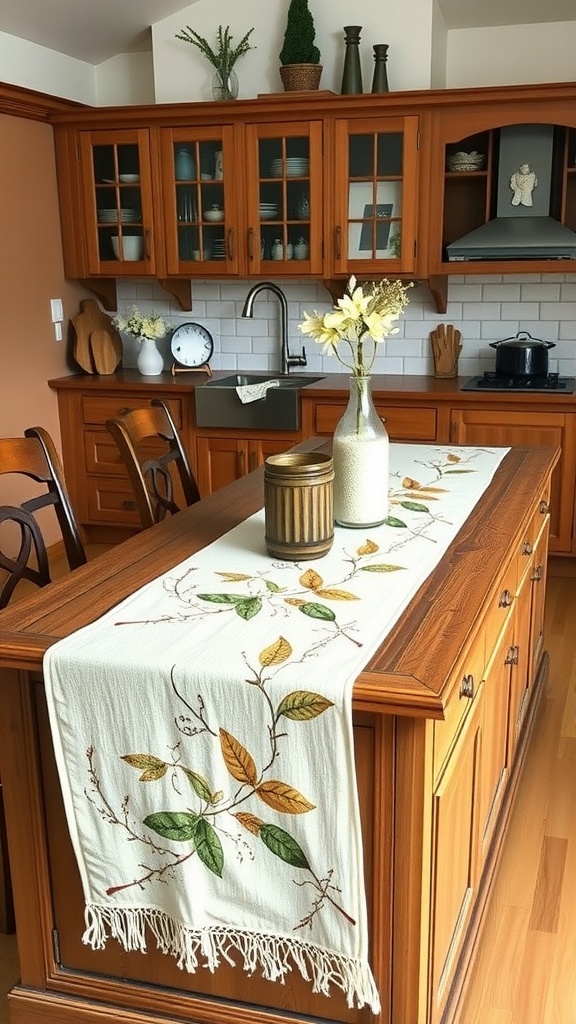 Nature-inspired table runner with leaf patterns on a kitchen island