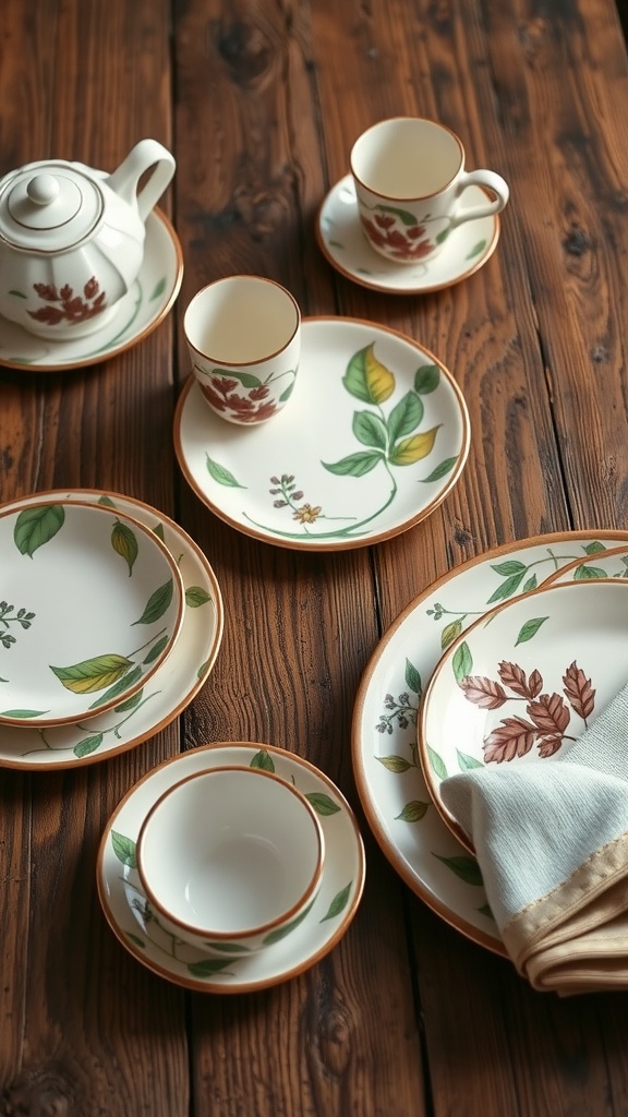 A nature-inspired tableware set with floral designs on a wooden table.