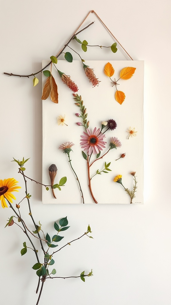 A nature-inspired wall art piece featuring dried flowers and leaves arranged on a canvas