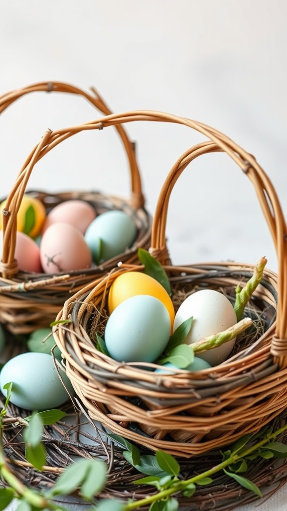 Nature-themed Easter baskets with pastel-colored eggs and greenery