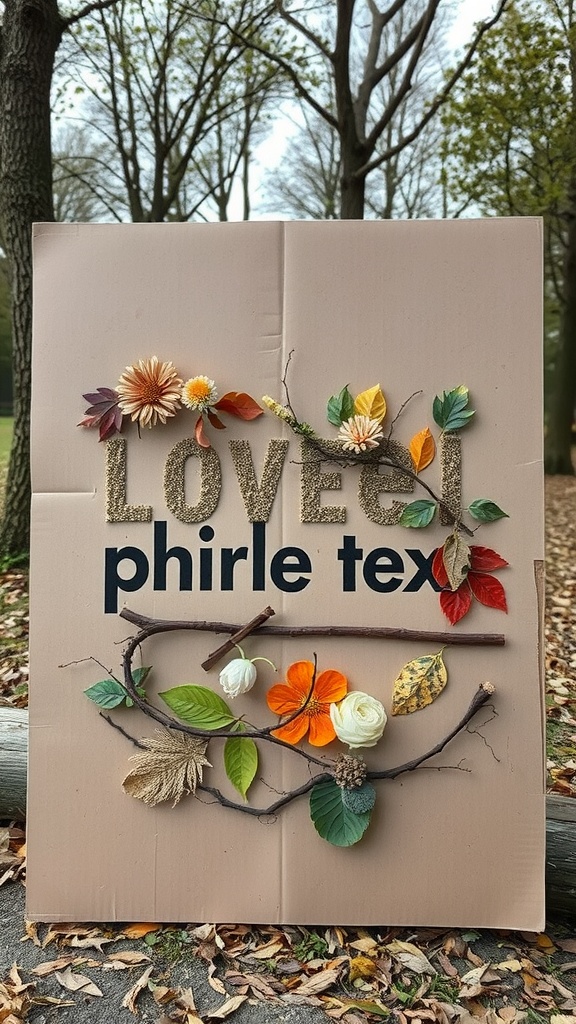 A nature collage with colorful flowers and leaves arranged on cardboard.