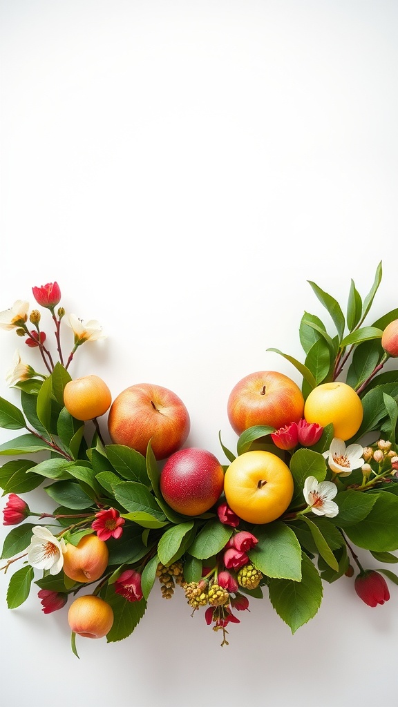 A vibrant spring wreath featuring fruits, green leaves, and flowers