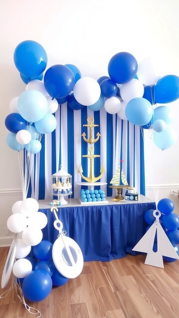 Nautical theme baby shower decorations with blue and white balloons, a golden anchor centerpiece, and sailboat decor.